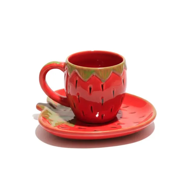 Kraftlik_Handicrafts_Strawberry_Shaped_Ceramic_Cup_with_Leaf_Plate_|_Cute_Fruit_Design_Tea_&_Coffee_Mug_Set_|_Handcrafted_Ceramic_Drinkware_for_Home_&_Gifting_(Pack_of_1)_(RED)