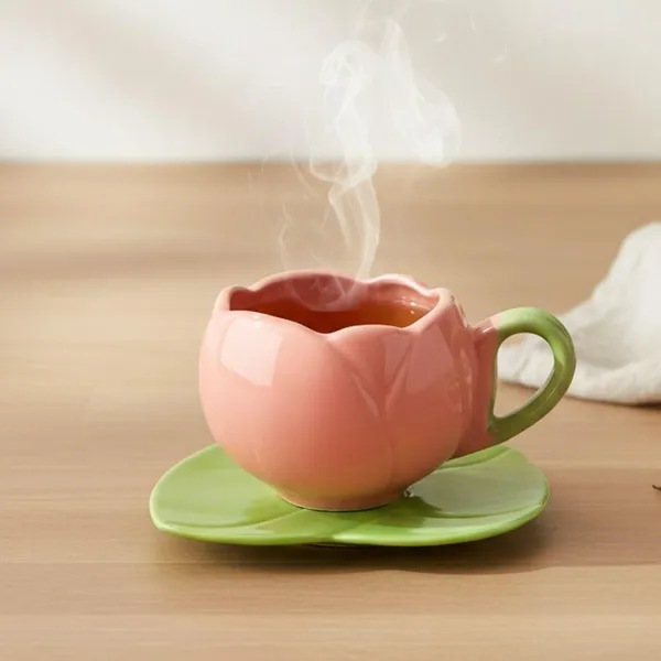 Kraftlik_Handicrafts_Tulip_Shape_Ceramic_Cup_with_Leaf_Saucer_Plate_(Pack_of_1)_|_Floral_Tea_&_Coffee_Cup_Set_|_Multi-Purpose_Mug_with_Handle_for_Home_&_Office_(Pink)