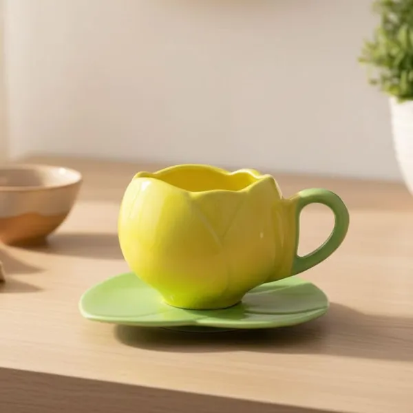 Kraftlik_Handicrafts_Tulip_Shape_Ceramic_Cup_with_Leaf_Saucer_Plate_(Pack_of_1)_|_Floral_Tea_&_Coffee_Cup_Set_|_Multi-Purpose_Mug_with_Handle_for_Home_&_Office_(Yellow)