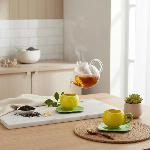 Kraftlik_Handicrafts_Tulip_Shape_Ceramic_Cup_with_Leaf_Saucer_Plate_(Pack_of_1)_|_Floral_Tea_&_Coffee_Cup_Set_|_Multi-Purpose_Mug_with_Handle_for_Home_&_Office_(Yellow)