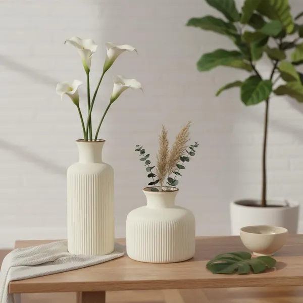 Kraftlik_Handicrafts_Ribbed_Ceramic_Flower_Vase_|_Modern_Matte_White_Tabletop_Decorative_Vase_for_Living_Room,_Bedroom_&_Office_Home_D?cor_(Large_+_Small_Ribbed_Vase_Set)