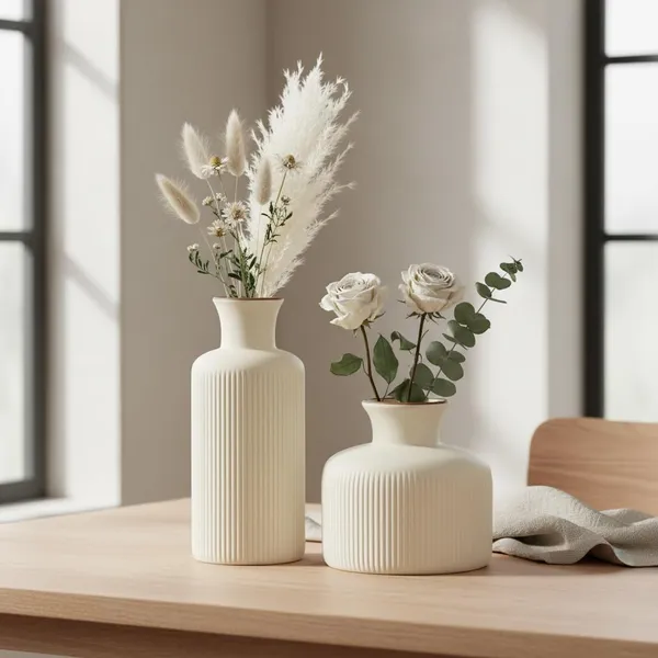 Kraftlik_Handicrafts_Ribbed_Ceramic_Flower_Vase_|_Modern_Matte_White_Tabletop_Decorative_Vase_for_Living_Room,_Bedroom_&_Office_Home_D?cor_(Large_+_Small_Ribbed_Vase_Set)