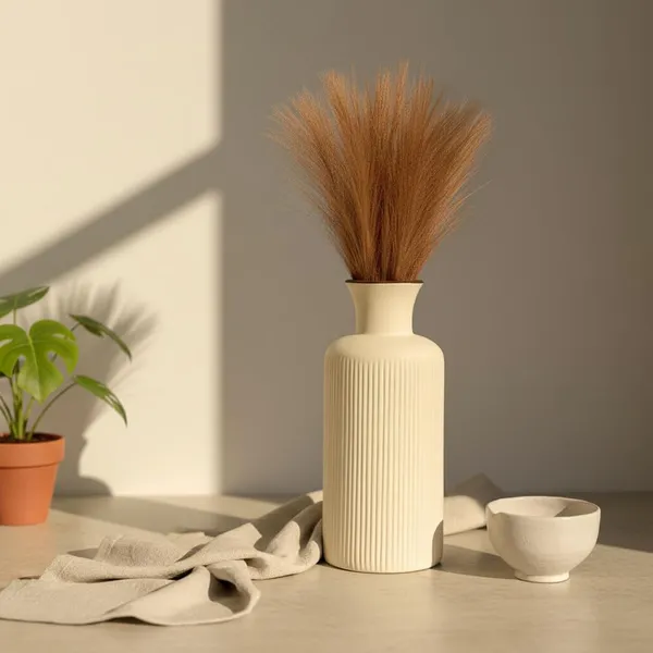 Kraftlik_Handicrafts_Ribbed_Ceramic_Flower_Vase_|_Modern_Matte_White_Tabletop_Decorative_Vase_for_Living_Room,_Bedroom_&_Office_Home_D?cor_(Large_Ribbed_Vase)