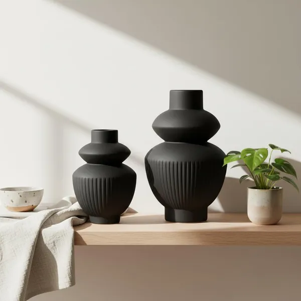 Kraftlik_Handicrafts_Matte_Black_Ribbed_Ceramic_Flower_Vase_|_Modern_Tabletop_Decorative_Vase_for_Living_Room,_Bedroom_&_Office_Home_D?cor_(Large+Small_Matte_Black_Ribbed_Vase_Set)