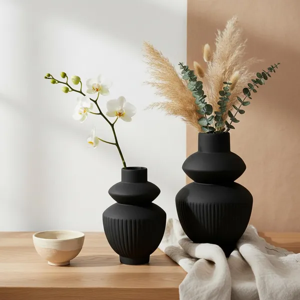Kraftlik_Handicrafts_Matte_Black_Ribbed_Ceramic_Flower_Vase_|_Modern_Tabletop_Decorative_Vase_for_Living_Room,_Bedroom_&_Office_Home_D?cor_(Large+Small_Matte_Black_Ribbed_Vase_Set)