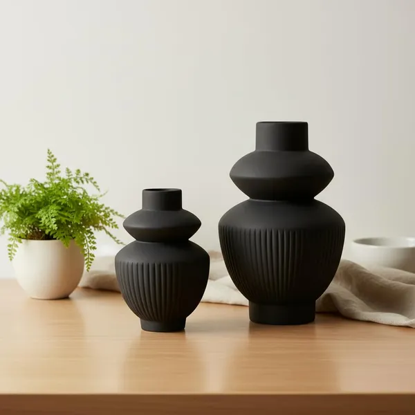 Kraftlik_Handicrafts_Matte_Black_Ribbed_Ceramic_Flower_Vase_|_Modern_Tabletop_Decorative_Vase_for_Living_Room,_Bedroom_&_Office_Home_D?cor_(Large+Small_Matte_Black_Ribbed_Vase_Set)