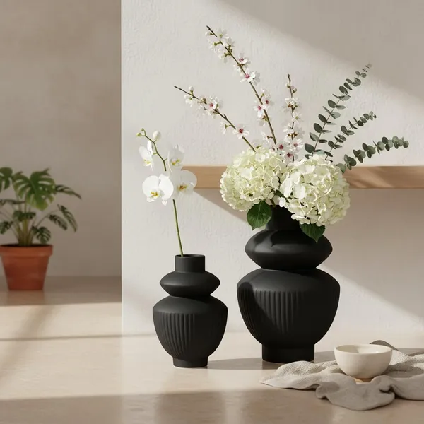 Kraftlik_Handicrafts_Matte_Black_Ribbed_Ceramic_Flower_Vase_|_Modern_Tabletop_Decorative_Vase_for_Living_Room,_Bedroom_&_Office_Home_D?cor_(Large+Small_Matte_Black_Ribbed_Vase_Set)