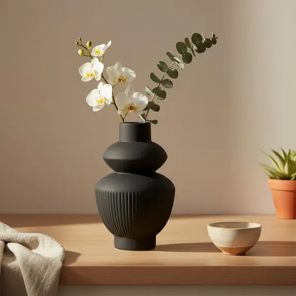 Kraftlik_Handicrafts_Matte_Black_Ribbed_Ceramic_Flower_Vase_|_Modern_Tabletop_Decorative_Vase_for_Living_Room,_Bedroom_&_Office_Home_D?cor_(Large_Matte_Black_Ribbed_Vase)