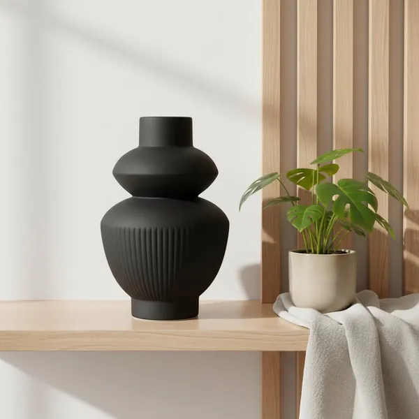 Kraftlik_Handicrafts_Matte_Black_Ribbed_Ceramic_Flower_Vase_|_Modern_Tabletop_Decorative_Vase_for_Living_Room,_Bedroom_&_Office_Home_D?cor_(Large_Matte_Black_Ribbed_Vase)