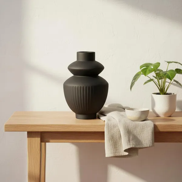 Kraftlik_Handicrafts_Matte_Black_Ribbed_Ceramic_Flower_Vase_|_Modern_Tabletop_Decorative_Vase_for_Living_Room,_Bedroom_&_Office_Home_D?cor_(Small_Matte_Black_Ribbed_Vase)