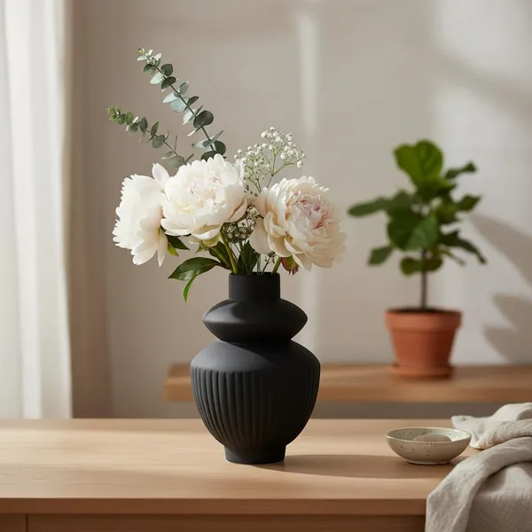 Kraftlik_Handicrafts_Matte_Black_Ribbed_Ceramic_Flower_Vase_|_Modern_Tabletop_Decorative_Vase_for_Living_Room,_Bedroom_&_Office_Home_D?cor_(Small_Matte_Black_Ribbed_Vase)