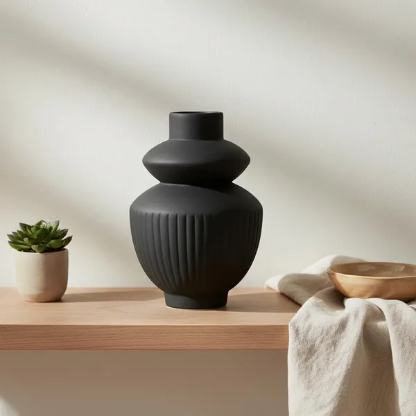 Kraftlik_Handicrafts_Matte_Black_Ribbed_Ceramic_Flower_Vase_|_Modern_Tabletop_Decorative_Vase_for_Living_Room,_Bedroom_&_Office_Home_D?cor_(Small_Matte_Black_Ribbed_Vase)
