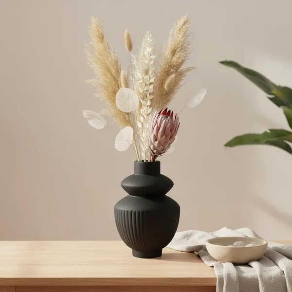 Kraftlik_Handicrafts_Matte_Black_Ribbed_Ceramic_Flower_Vase_|_Modern_Tabletop_Decorative_Vase_for_Living_Room,_Bedroom_&_Office_Home_D?cor_(Small_Matte_Black_Ribbed_Vase)