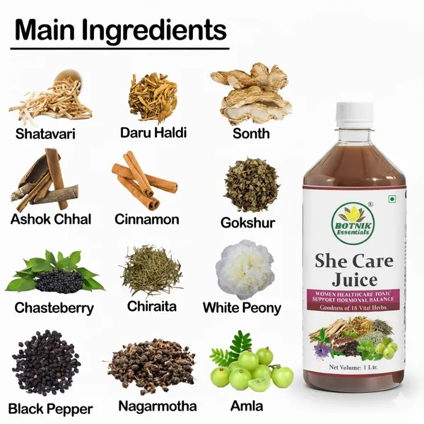 She_Care_Juice_|Supports_Hormonal_Balance_&_Healthy_Cycle__|Enhances_Energy_–_Helps_in_Conceive_|_PCOS,_PCOD,_Period_Pain_Relief_|Chasteberry,_Shatavari, Gokshur_&_Other_Herbs_|_100%_Natural_I_No_Added_Sugar_I_1L