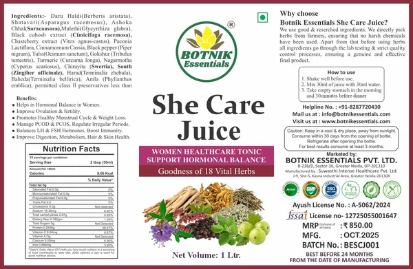 She_Care_Juice_|Supports_Hormonal_Balance_&_Healthy_Cycle__|Enhances_Energy_–_Helps_in_Conceive_|_PCOS,_PCOD,_Period_Pain_Relief_|Chasteberry,_Shatavari, Gokshur_&_Other_Herbs_|_100%_Natural_I_No_Added_Sugar_I_1L