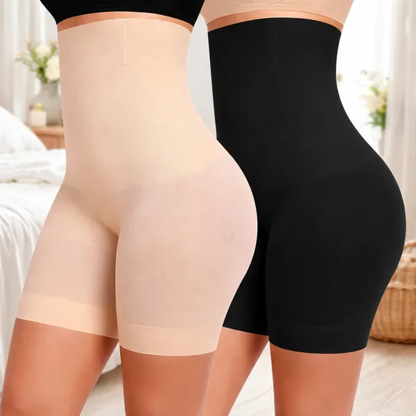 Pack_Of_2_Beige_&_Black_Nylon_Solid_Tummy_Shaper_For_Women