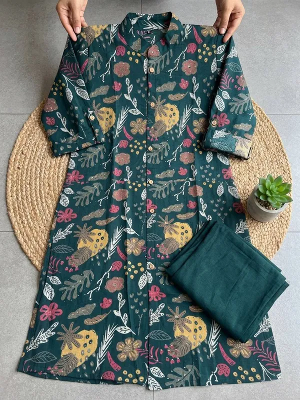 Deep_Teal_Botanical_Print_Cotton_Kurta_Pant_Set