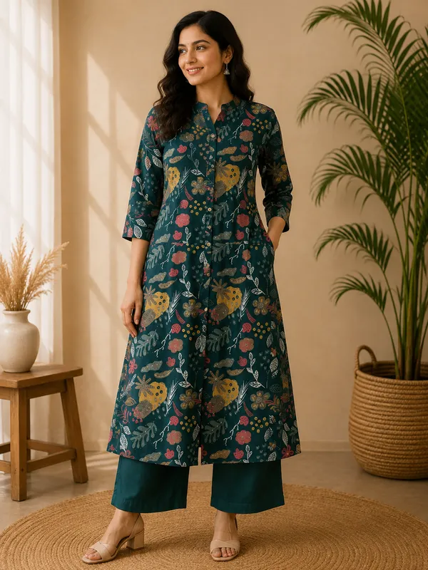 Deep_Teal_Botanical_Print_Cotton_Kurta_Pant_Set