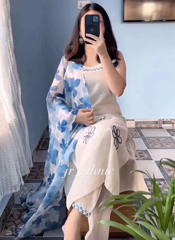 White_Kurti_with_Blue_Kotadoriya_dupatta_set_3_Piece