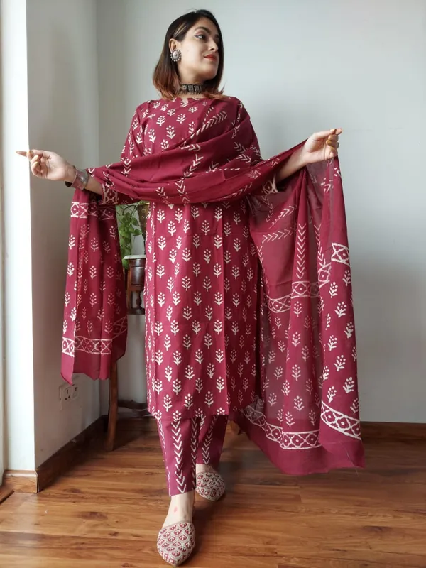 Wine_red_Cotton_suit_with_cotton_dupatta_(Stitched)