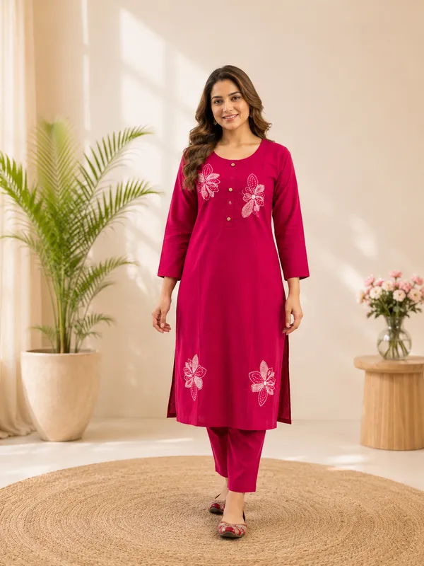Pink_Flower_Heavy_Dabu_Cotton_Embroidered_Kurti_Pant_Set_