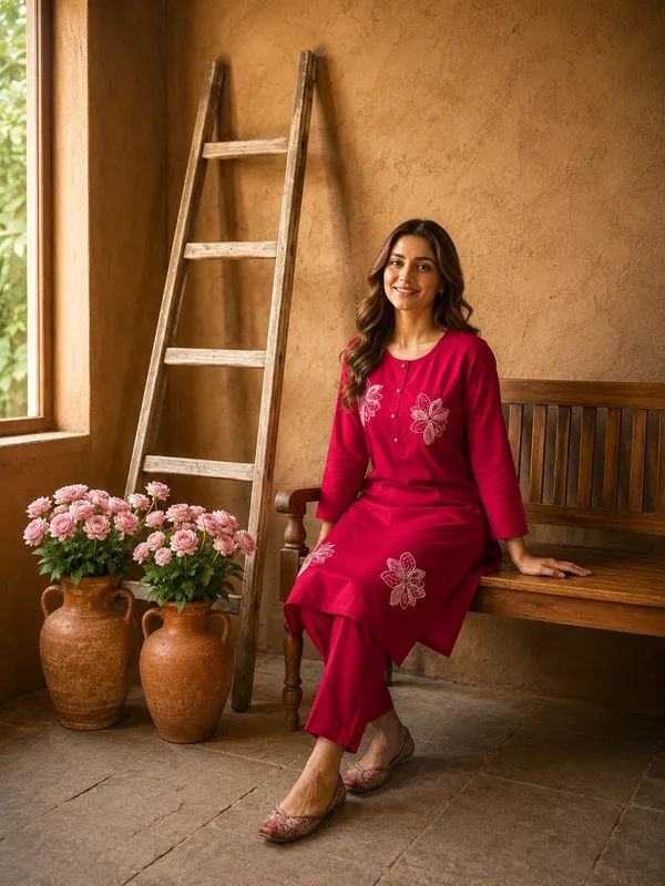 Pink_Flower_Heavy_Dabu_Cotton_Embroidered_Kurti_Pant_Set_