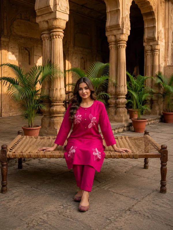 Pink_Flower_Heavy_Dabu_Cotton_Embroidered_Kurti_Pant_Set_