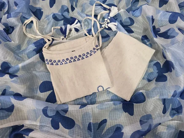 White_Kurti_with_Blue_Kotadoriya_dupatta_set_3_Piece