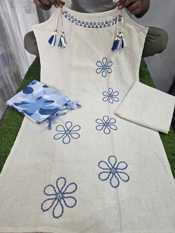 White_Kurti_with_Blue_Kotadoriya_dupatta_set_3_Piece