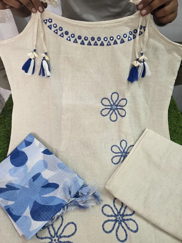 White_Kurti_with_Blue_Kotadoriya_dupatta_set_3_Piece