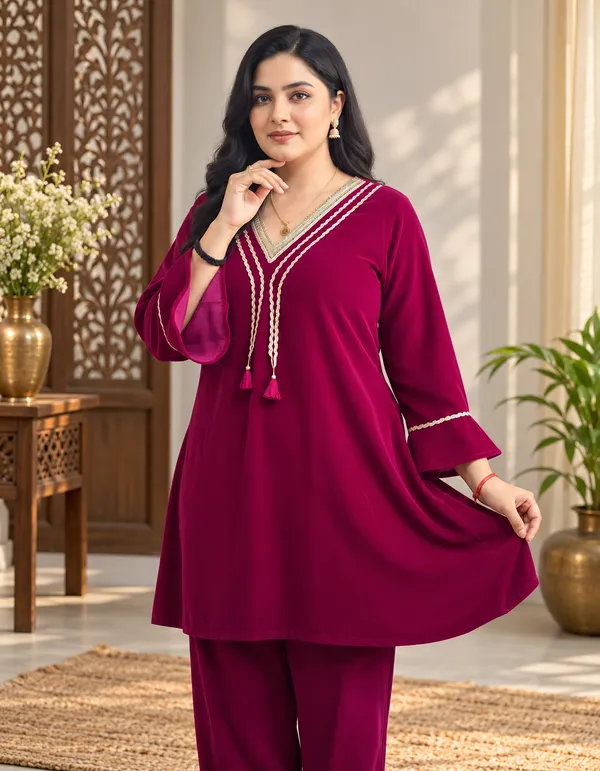 Wine_Maroon_Women's_Premium_Cotton_Velvet_Kurta_&_Dhoti_Salwar_Co-Ord_Set_–_Jaipur_Crafted_(2-Piece_Set)