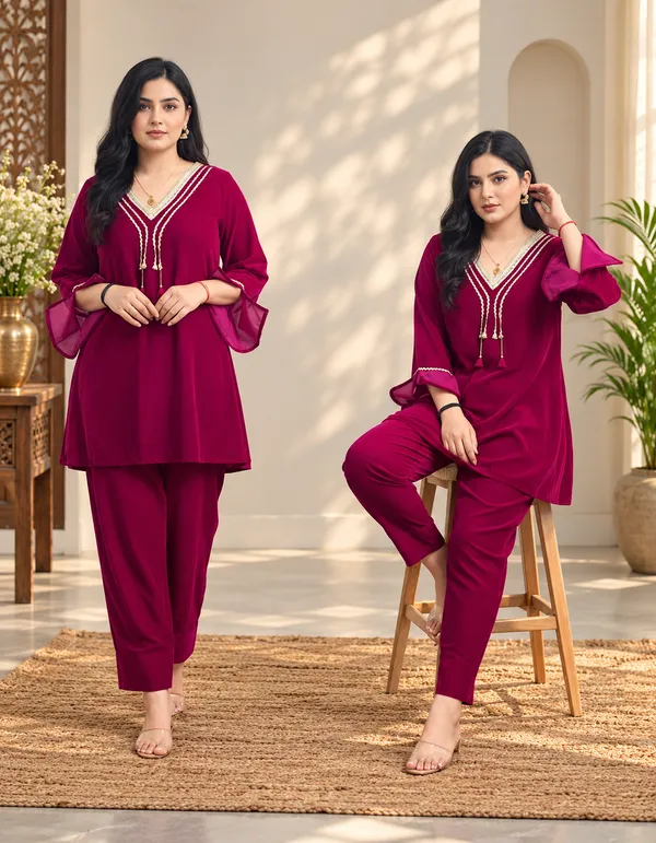 Wine_Maroon_Women's_Premium_Cotton_Velvet_Kurta_&_Dhoti_Salwar_Co-Ord_Set_–_Jaipur_Crafted_(2-Piece_Set)