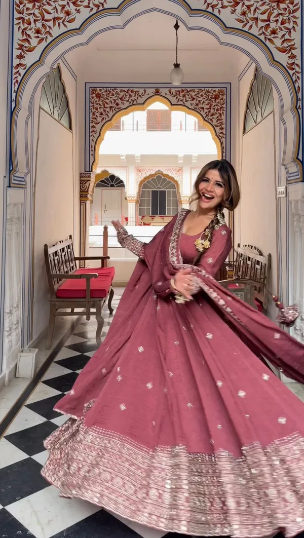 SHEESH_Wine_Chanderi_Silk_Embroidered_Gown_Set_with_Pant_&_Dupatta