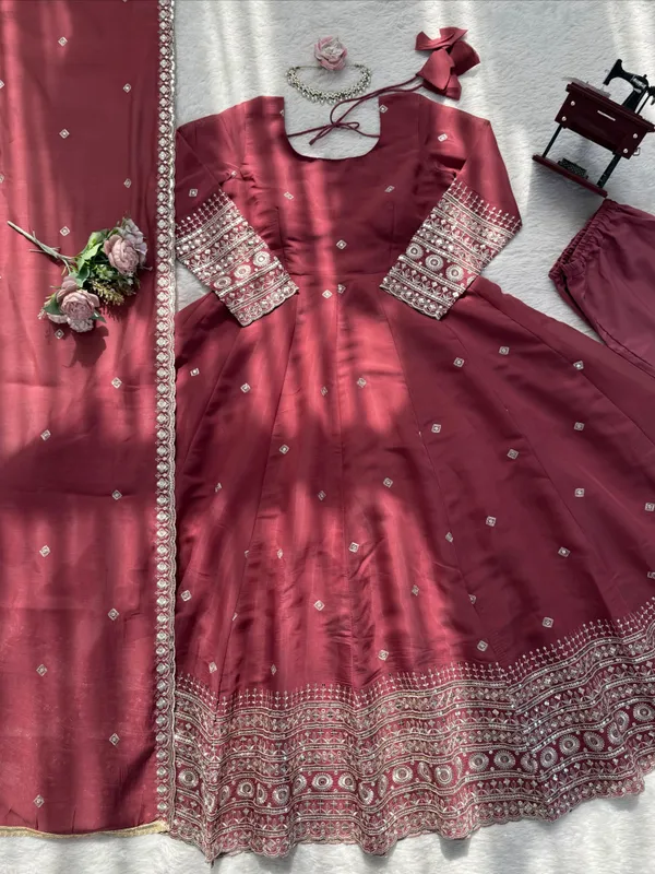 SHEESH_Wine_Chanderi_Silk_Embroidered_Gown_Set_with_Pant_&_Dupatta