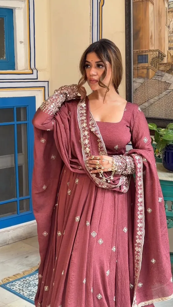 SHEESH_Wine_Chanderi_Silk_Embroidered_Gown_Set_with_Pant_&_Dupatta