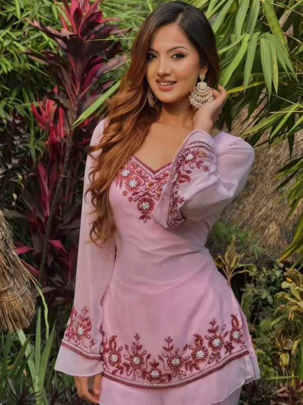 Sheesh Sheesh Baby Pink Faux Georgette Embroidered Kurti Palazzo Set ...