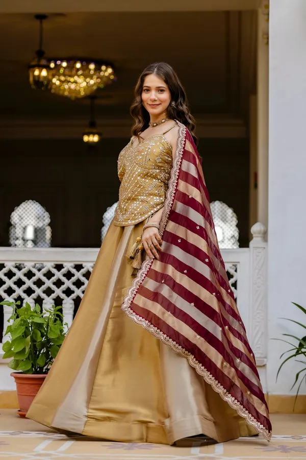 Sheesh_Premium_Golden_Banarasi_Lehenga_Set_with_Mirror_Work_Blouse_&_Maroon_Silk_Dupatta