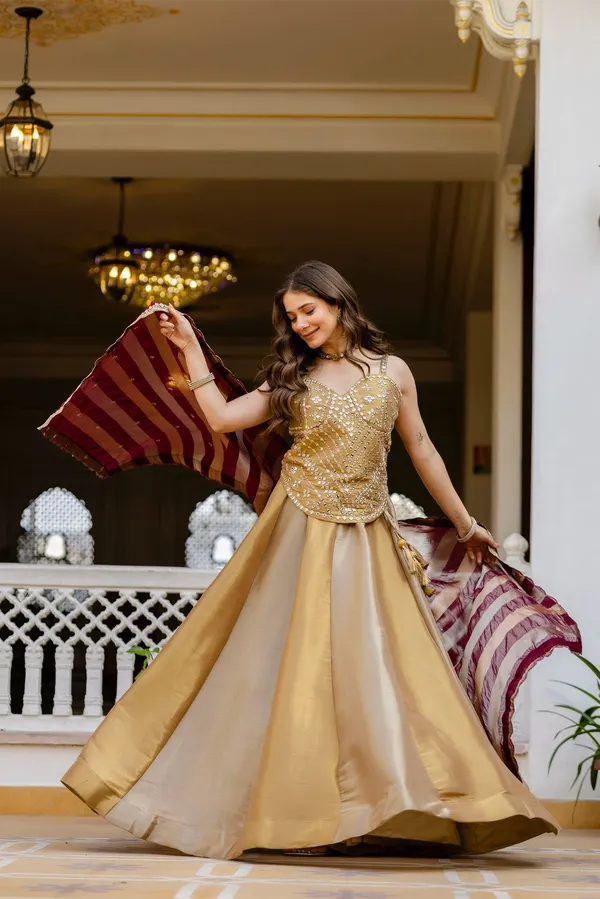 Sheesh_Premium_Golden_Banarasi_Lehenga_Set_with_Mirror_Work_Blouse_&_Maroon_Silk_Dupatta