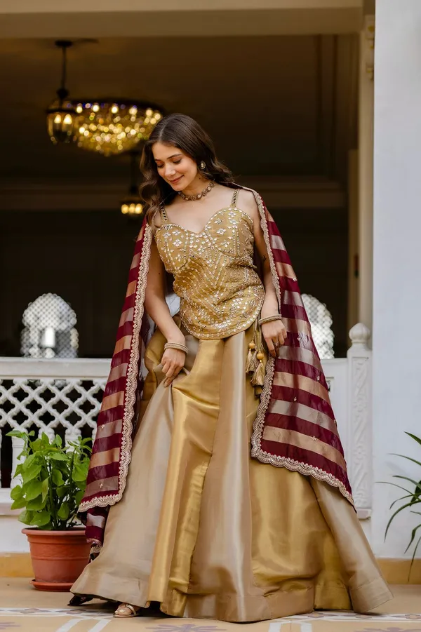 Sheesh_Premium_Golden_Banarasi_Lehenga_Set_with_Mirror_Work_Blouse_&_Maroon_Silk_Dupatta