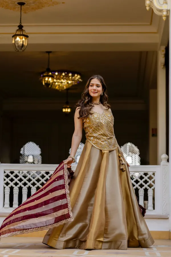 Sheesh_Premium_Golden_Banarasi_Lehenga_Set_with_Mirror_Work_Blouse_&_Maroon_Silk_Dupatta
