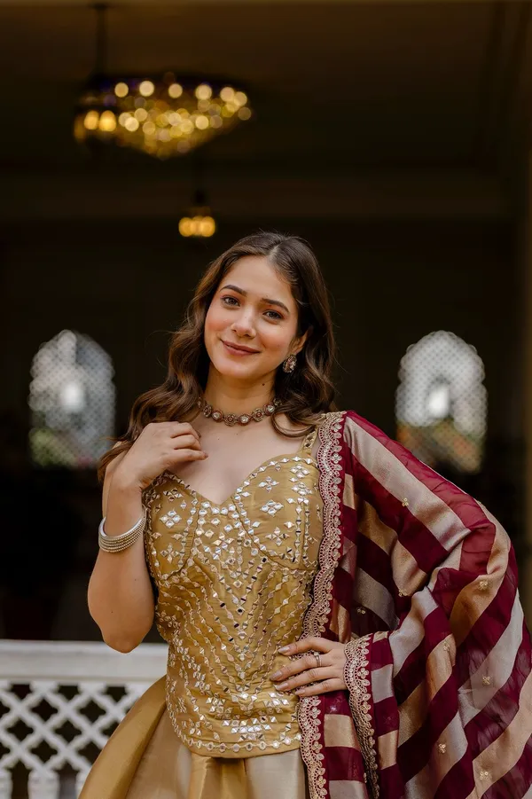 Sheesh_Premium_Golden_Banarasi_Lehenga_Set_with_Mirror_Work_Blouse_&_Maroon_Silk_Dupatta
