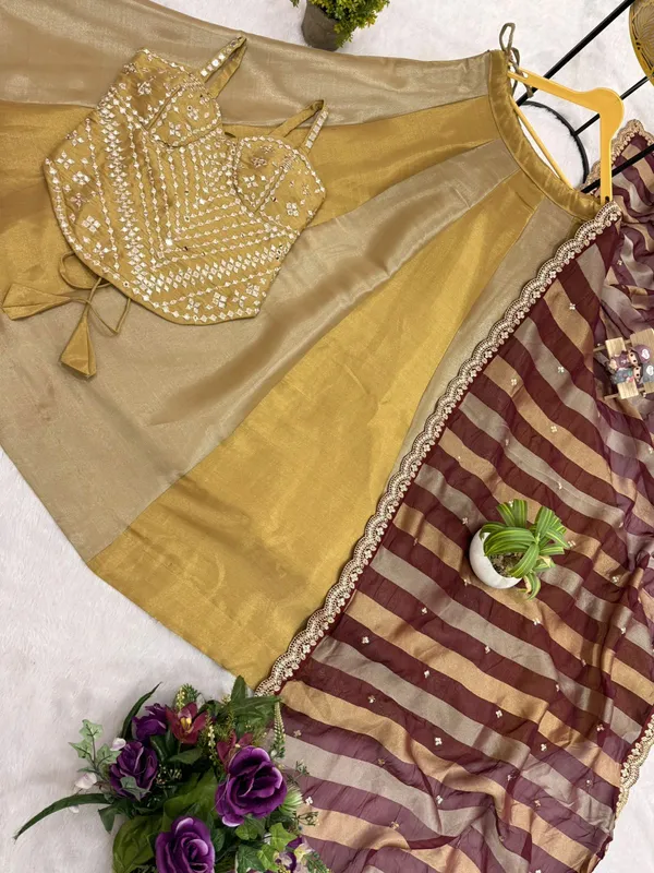 Sheesh_Premium_Golden_Banarasi_Lehenga_Set_with_Mirror_Work_Blouse_&_Maroon_Silk_Dupatta