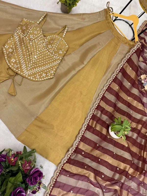 Sheesh_Premium_Golden_Banarasi_Lehenga_Set_with_Mirror_Work_Blouse_&_Maroon_Silk_Dupatta