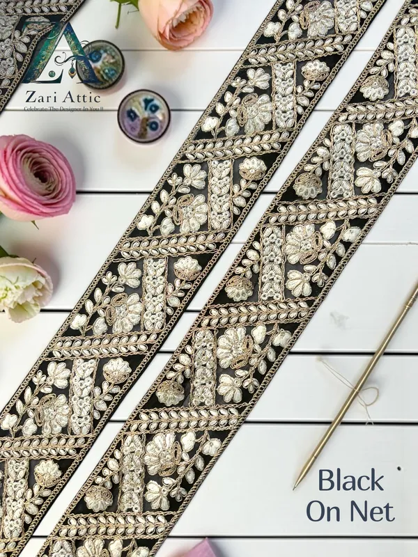 Zari_Embroidered_Net_Fabric/Dupion_Lace_-_3_Inch