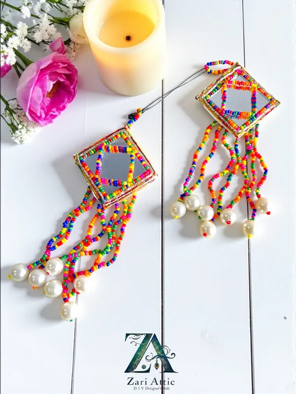 Mirror__&_Faux_Pearl_Tassels_Latkan-Red