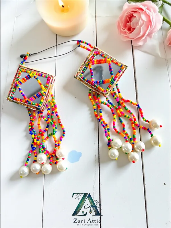 Mirror__&_Faux_Pearl_Tassels_Latkan-Red