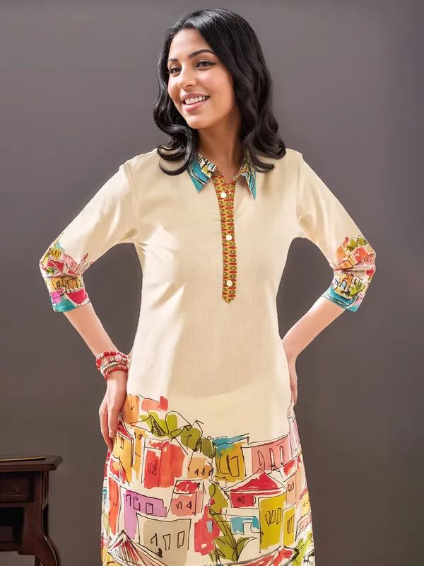 Cream_Digital_Printed_Cotton_Straight_Kurta_With_Printed_Cotton_Trouser_For_Women