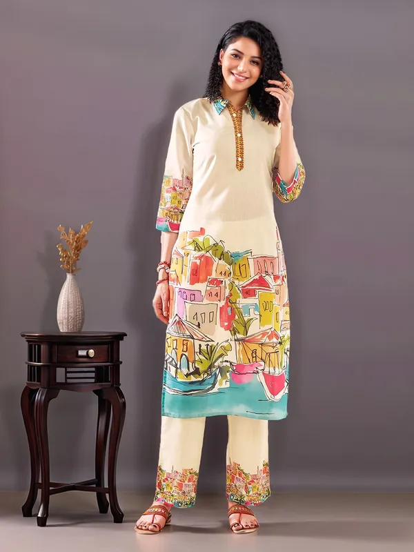 Cream_Digital_Printed_Cotton_Straight_Kurta_With_Printed_Cotton_Trouser_For_Women