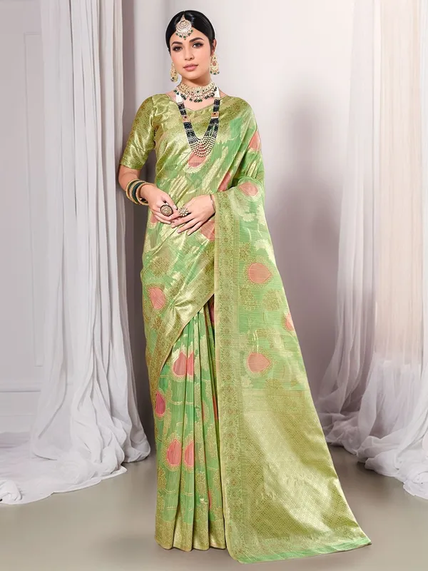 Cream_&_Yellow_Woven_Chanderi_Linen_Blend_Saree_For_Women