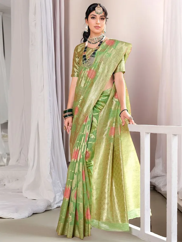 Cream_&_Yellow_Woven_Chanderi_Linen_Blend_Saree_For_Women